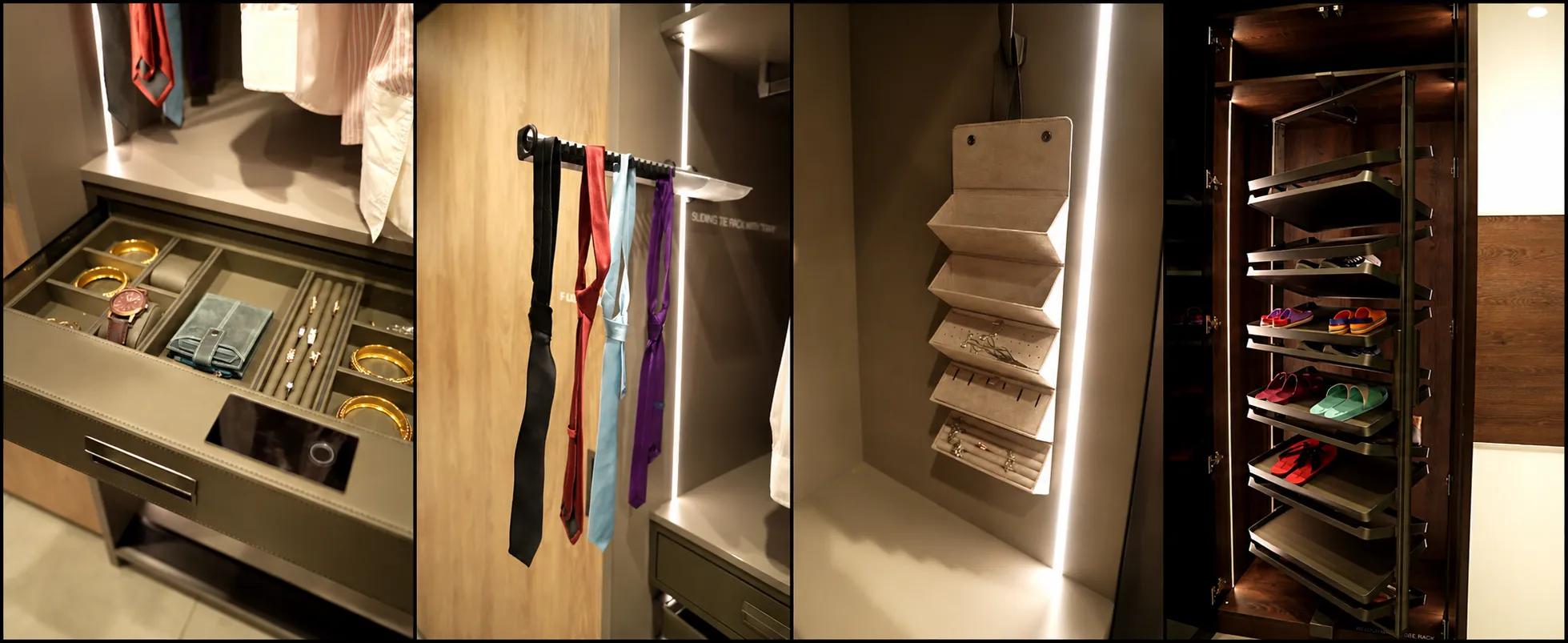 Walk-in wardrobe with organised internal fittings from Gala Hardware Bangalore